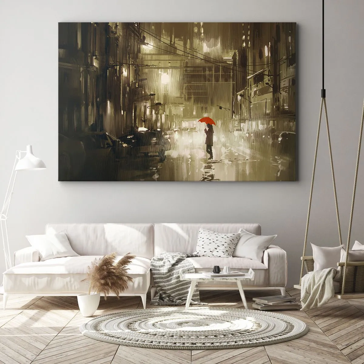 Obraz na plátne - Postava s červeným dáždnikom v daždivom meste - 70x50cm - Sama, ale nie osamelá - Moderná nástenná dekorácia do obývacej izby a spálne ARTTOR