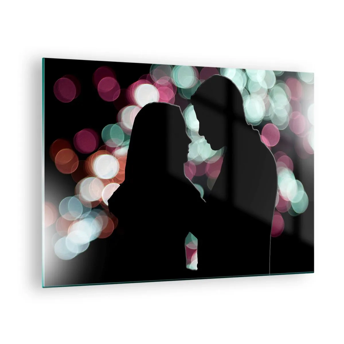 Obraz na skle - Siluety páru na pozadí farebných bokeh svetiel - 70x50cm - Áno! - Moderná nástenná dekorácia do obývacej izby a spálne ARTTOR