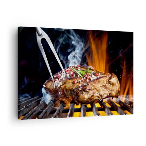 Obraz na plátne - Grilovaný steak na grile s korením - 70x50cm - Šťavnaté a voňavé - Moderná nástenná dekorácia do obývacej izby a spálne ARTTOR