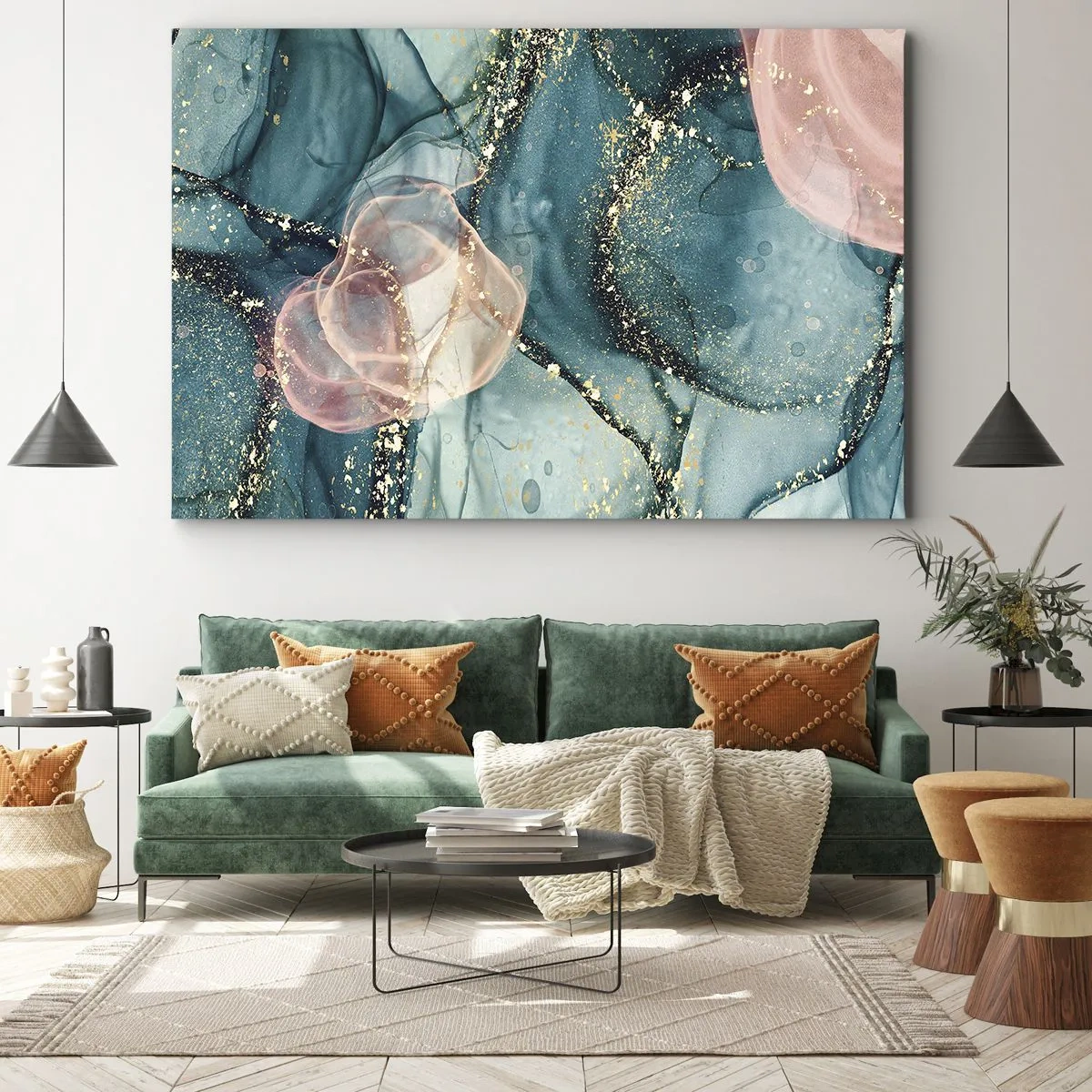 Obraz na plátne - Abstraktná kompozícia v odtieňoch tyrkysovej a zlatej. - 70x50cm - Modré hodváb modré, ružový tyl - Moderná nástenná dekorácia do obývacej izby a spálne ARTTOR