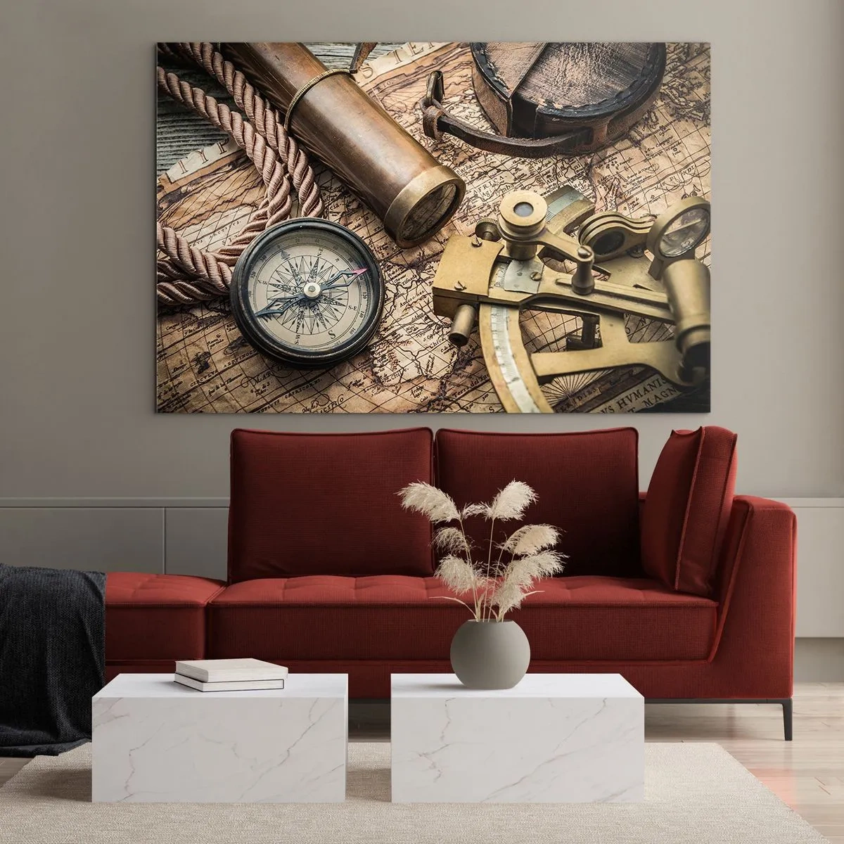 Obraz na skle - Kompas, mapa a navigačné pomôcky v retro štýle - 70x50cm - Urči smer - Moderná nástenná dekorácia do obývacej izby a spálne ARTTOR