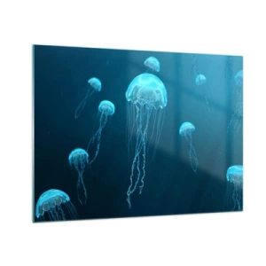 Obraz na skle - Medúzy plávajúce v hlbokom modrom oceáne - 70x50cm - Oceánsky tanec - Moderná nástenná dekorácia do obývacej izby a spálne ARTTOR