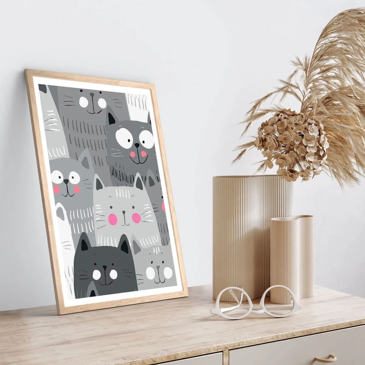 Plagát v ráme zo svetlého duba - Mačací svet - 30x40 cm