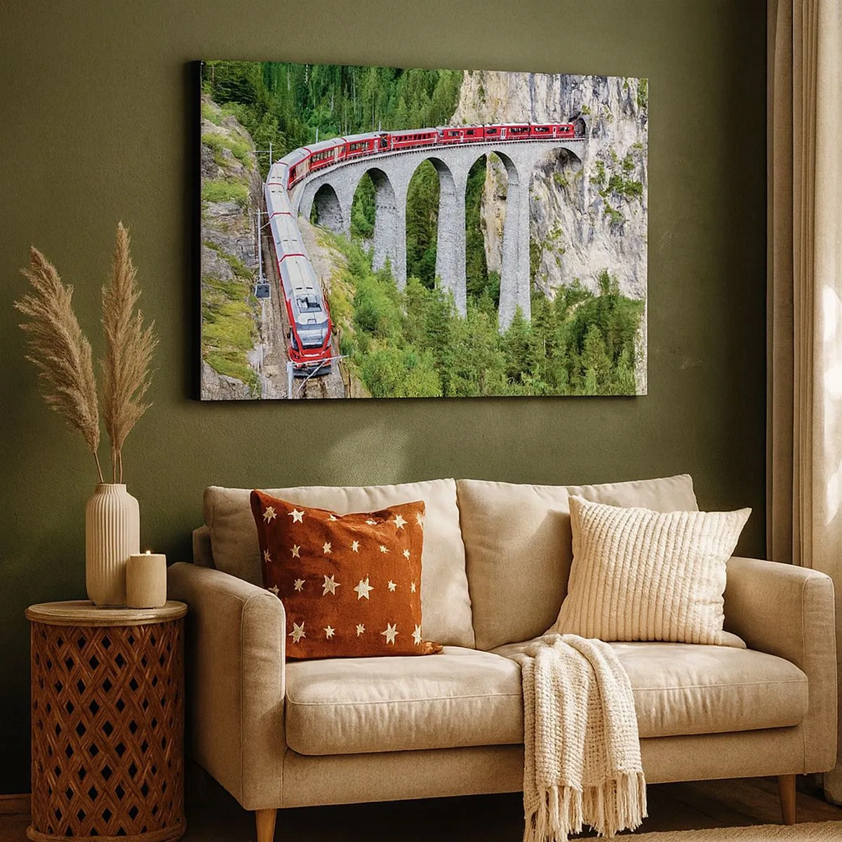 Obraz na plátne - Vlak na malebnom viadukte v hornatej krajine - 70x50cm - Horský výhľad priamo z vlaku - Moderná nástenná dekorácia do obývacej izby a spálne ARTTOR