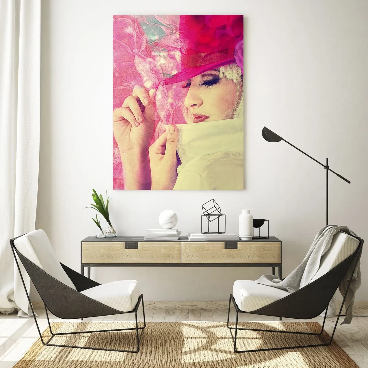 Obraz na skle - Retro portrét v ružovej hmle - 50x70 cm