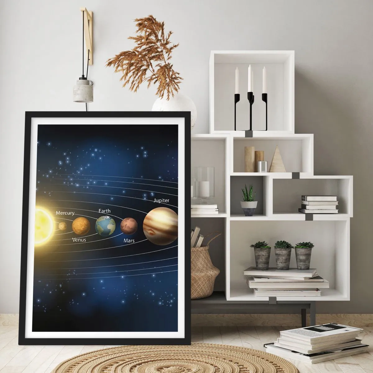 Plagát v čiernom ráme - Slnečná sústava s planétami na pozadí hviezd - 50x70cm - Jedna z desiatich - Moderná nástenná dekorácia do obývacej izby a spálne ARTTOR