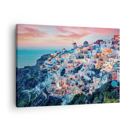 Obraz na plátne - Santorini pri západe slnka s bielymi budovami na kopci - 70x50cm - Tvoja tučná grécka dovolenka - Moderná nástenná dekorácia do obývacej izby a spálne ARTTOR