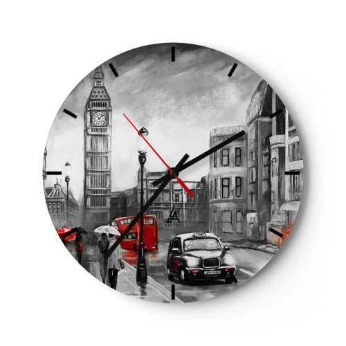 Nástenné hodiny - Big Ben a londýnska ulica s červeným autobusom a taxíkom - 30x30cm - Vôbec nie šedé mesto - Moderná nástenná dekorácia do obývacej izby, kuchyne a spálne ARTTOR