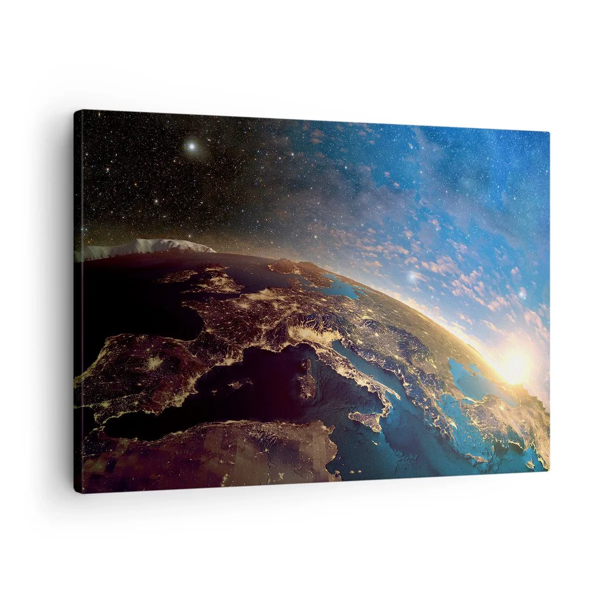 Obraz na plátne - Pohľad na Zem z vesmíru pri východe slnka - 70x50cm - Pozrime sa na seba s odstupom - Moderná nástenná dekorácia do obývacej izby a spálne ARTTOR