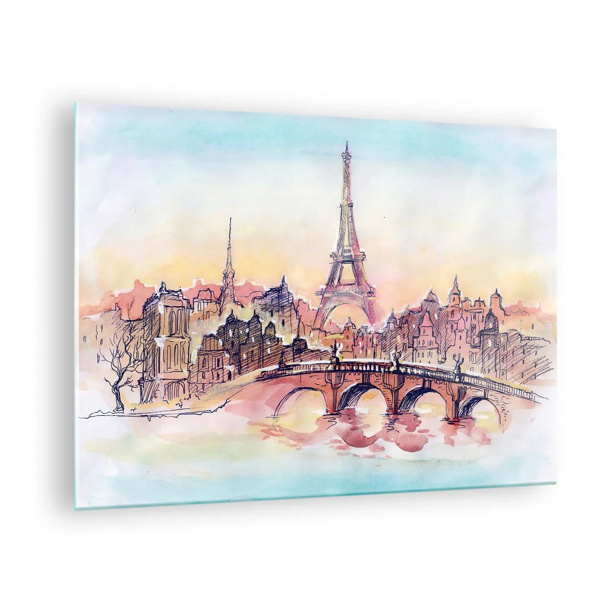 Obraz na skle - Panoráma Paríža s Eiffelovou vežou v jemnom akvarelovom štýle - 70x50cm - Jediné také mesto na svete - Moderná nástenná dekorácia do obývacej izby a spálne ARTTOR
