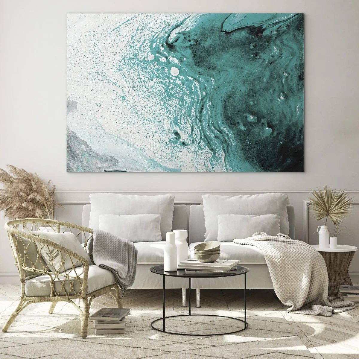Obraz na skle - Abstraktný obraz v odtieňoch bielej a tyrkysovej - 70x50cm - Prepadnúť sa v bielej a tyrkysovej - Moderná nástenná dekorácia do obývacej izby a spálne ARTTOR