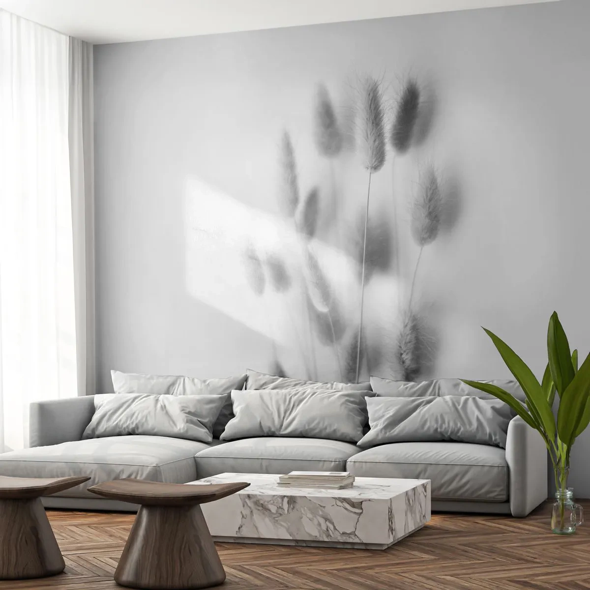 Fototapeta Premium Canvas - Našuchorená tráva - Tráva, Čierna a biela, Kvety - 250x175 cm
