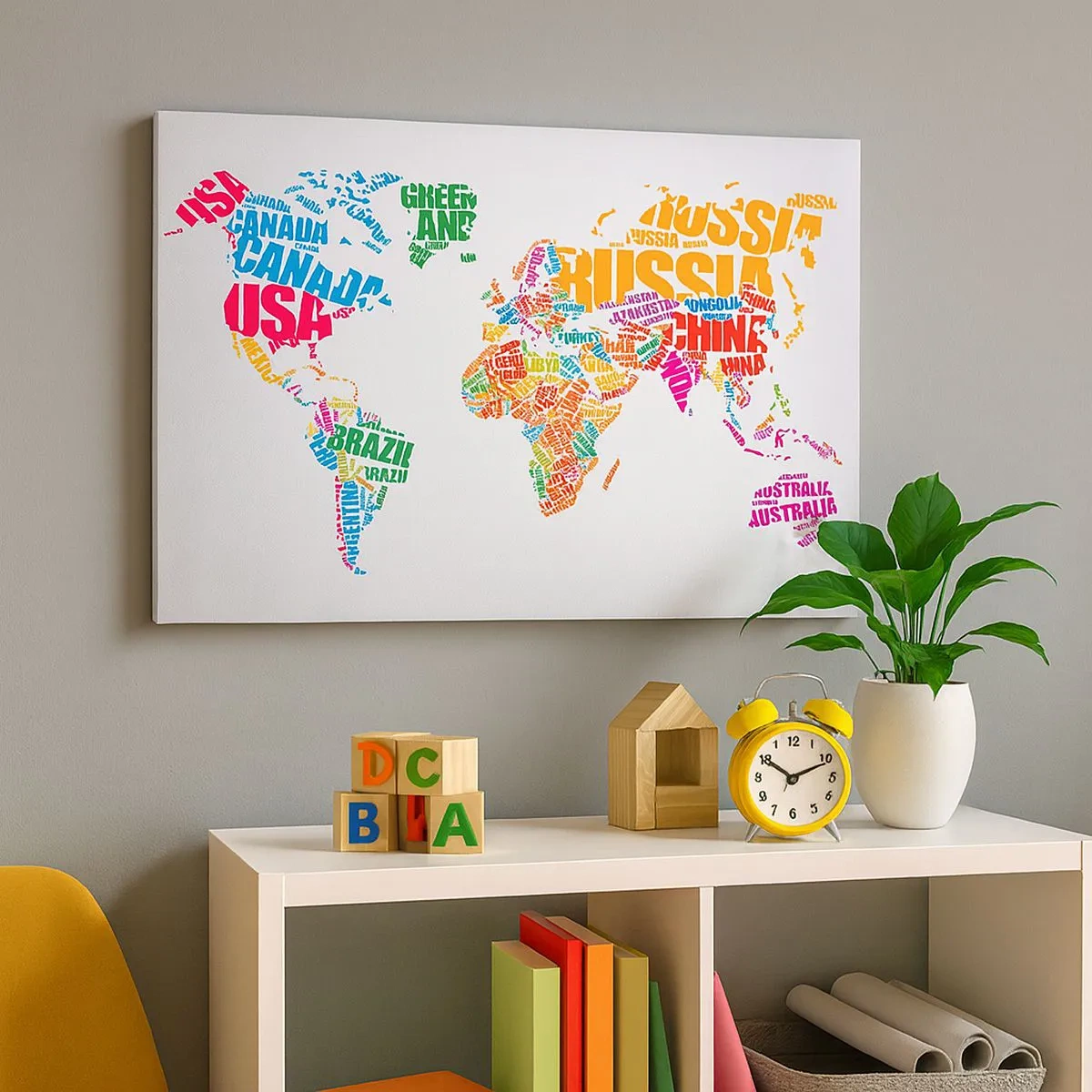 Obraz na plátne - Farebná mapa sveta s názvami krajín - 70x50cm - Chcem spoznať všetky - Moderná nástenná dekorácia do obývacej izby a spálne ARTTOR