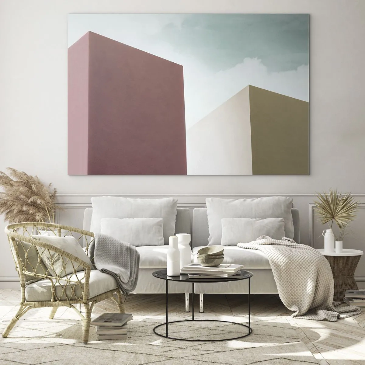 Obraz na skle - Geometrické budovy v pastelových farbách - 70x50cm - Geometria slnečného leta - Moderná nástenná dekorácia do obývacej izby a spálne ARTTOR