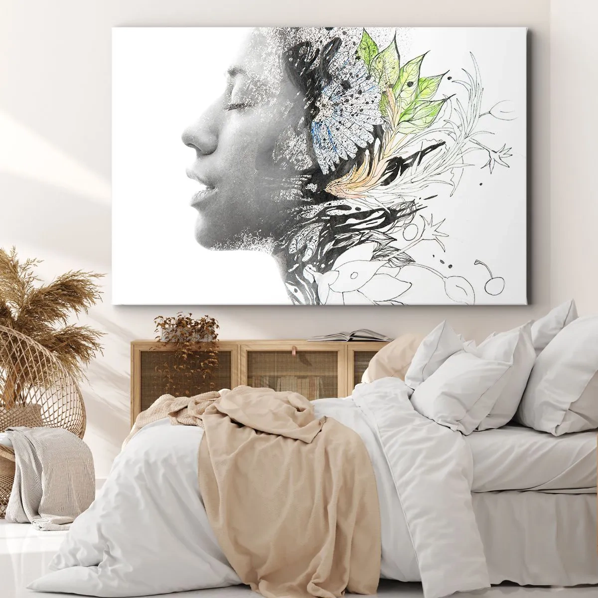 Obraz na plátne - Profil ženy v umeleckej koláži prírody a temnoty - 70x50cm - Ponorená do prírody - Moderná nástenná dekorácia do obývacej izby a spálne ARTTOR