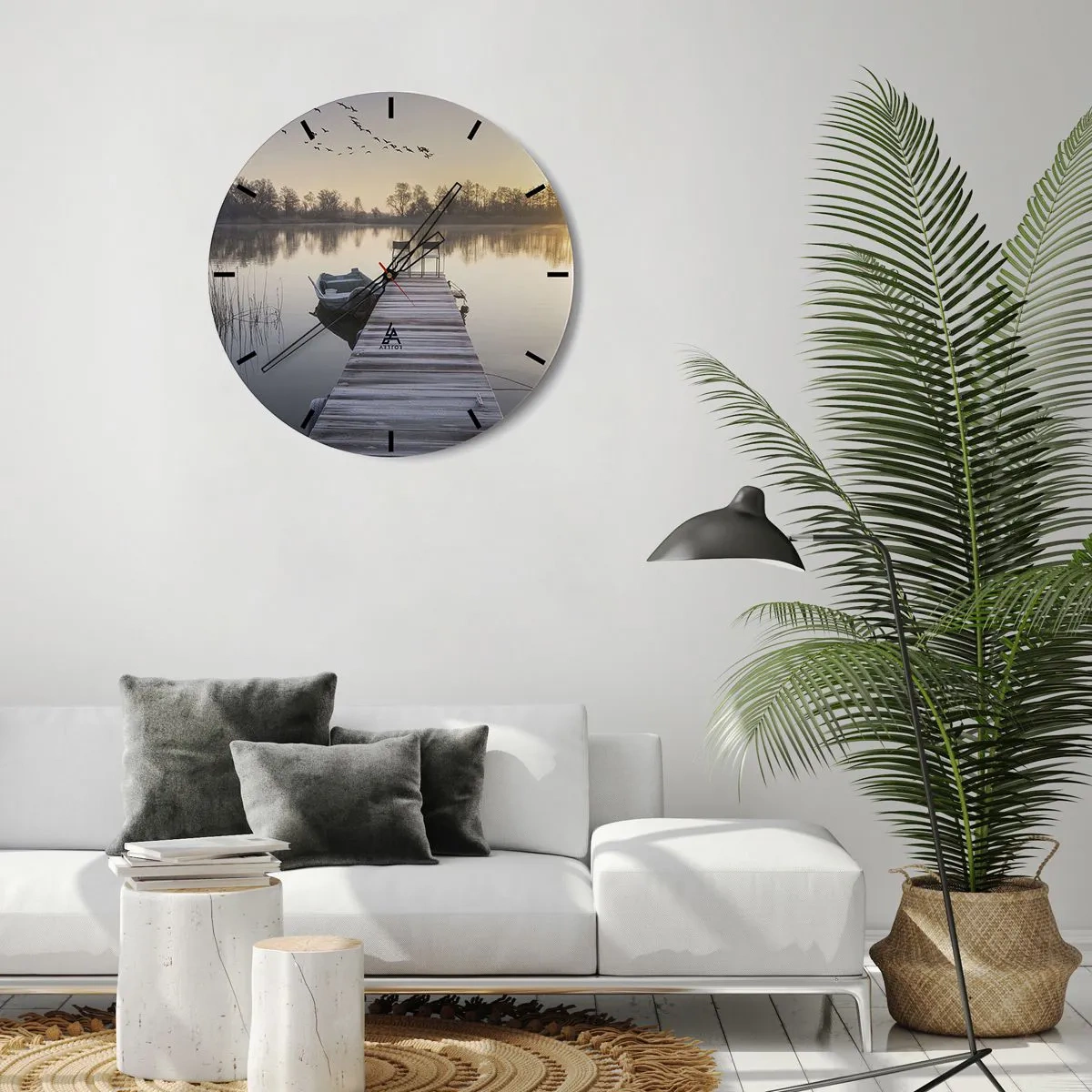 Nástenné hodiny - Mólo s loďou pri východe slnka na jazere - 30x30cm - Časom sa vrátim - Moderná nástenná dekorácia do obývacej izby, kuchyne a spálne ARTTOR