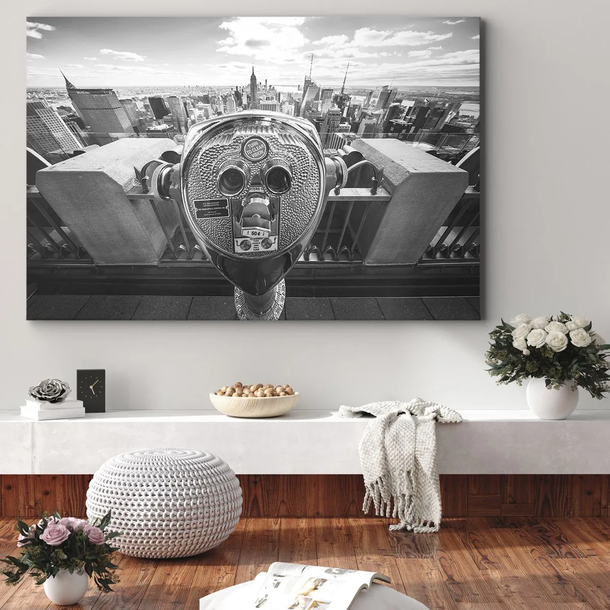 Obraz na plátne - Monochromatický pohľad cez ďalekohľad na panorámu mesta - 70x50cm - Mesto nad mestami - Moderná nástenná dekorácia do obývacej izby a spálne ARTTOR