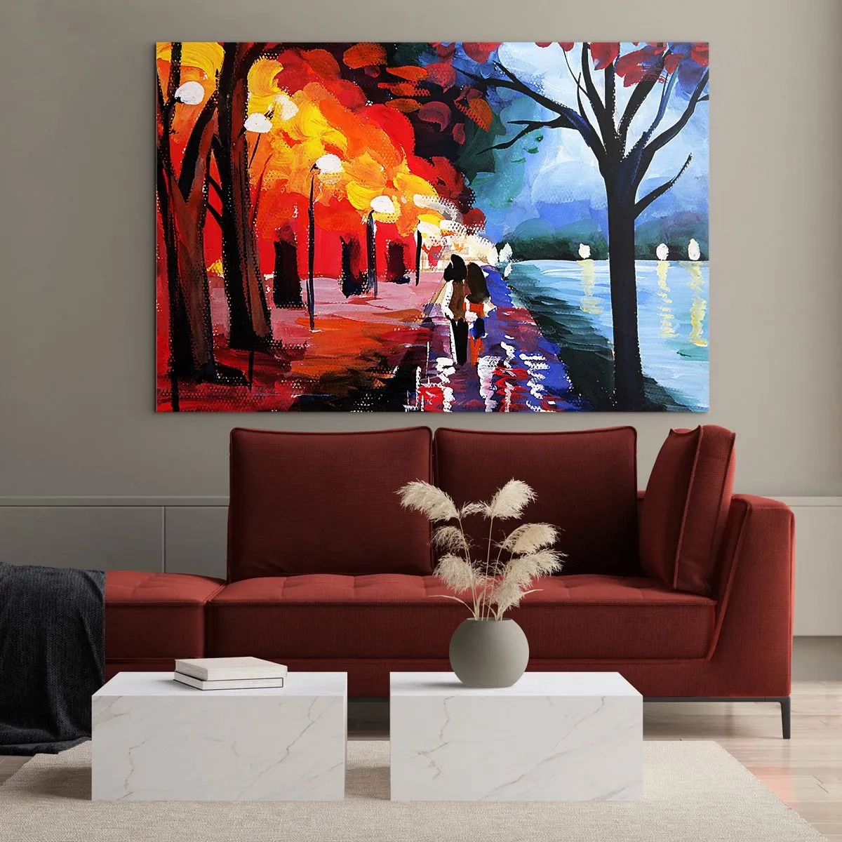 Obraz na skle - Pár sa prechádza večer vo farebnom parku - 70x50cm - Horúca jeseň v parku - Moderná nástenná dekorácia do obývacej izby a spálne ARTTOR