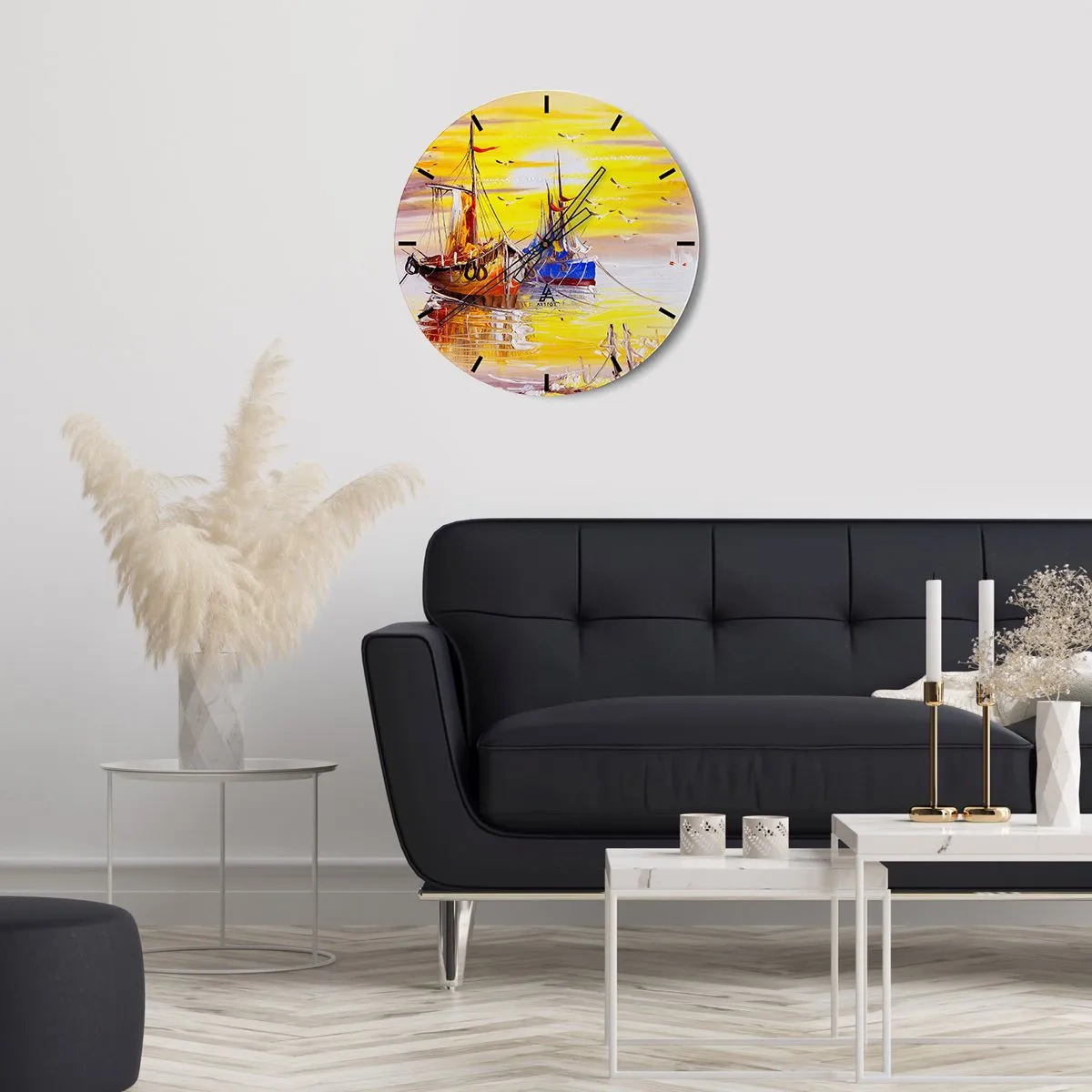 Nástenné hodiny - Malebné plachetnice pri západe slnka - 30x30cm - Zaslúžený odpočinok v prístave - Moderná nástenná dekorácia do obývacej izby, kuchyne a spálne ARTTOR