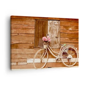 Obraz na plátne - Bicykel s košíkom plným ruží pri drevenej stene - 70x50cm - Hneď sa vrátim - Moderná nástenná dekorácia do obývacej izby a spálne ARTTOR