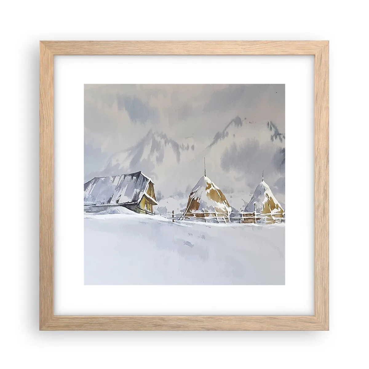Plagát v ráme zo svetlého duba - V zasneženom údolí - 30x30 cm