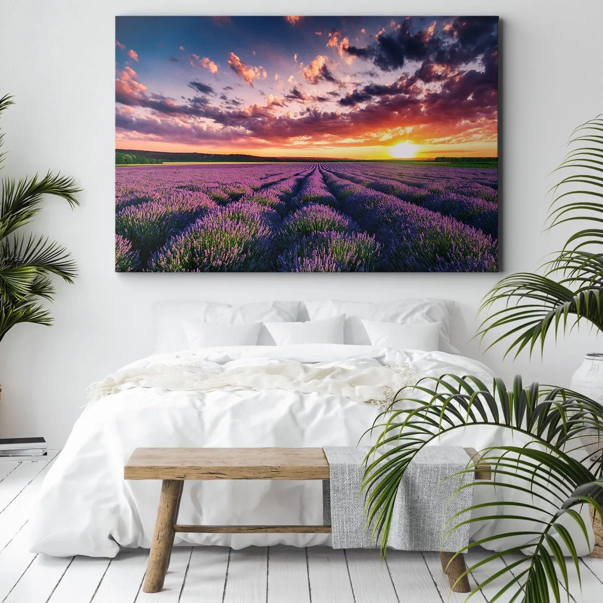 Obraz na plátne - Levanduľové pole pri západe slnka s farebnou oblohou - 70x50cm - Levanduľový svet - Moderná nástenná dekorácia do obývacej izby a spálne ARTTOR