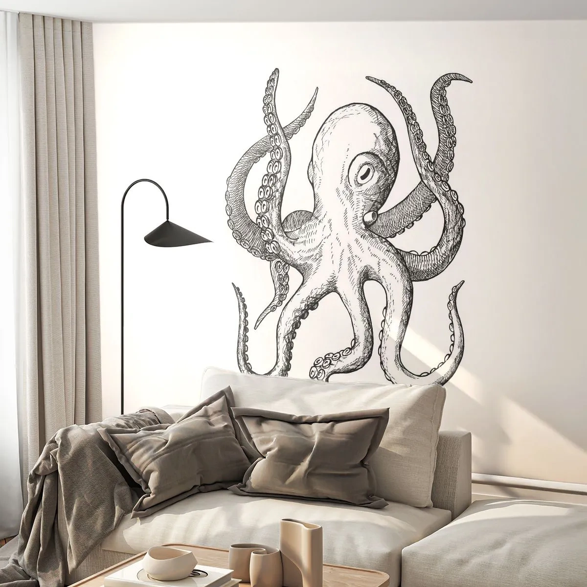 Fototapeta Premium Canvas - Tancujúca s vlnami - Chobotnica, Kreslenie, Prímorské - 450x315 cm