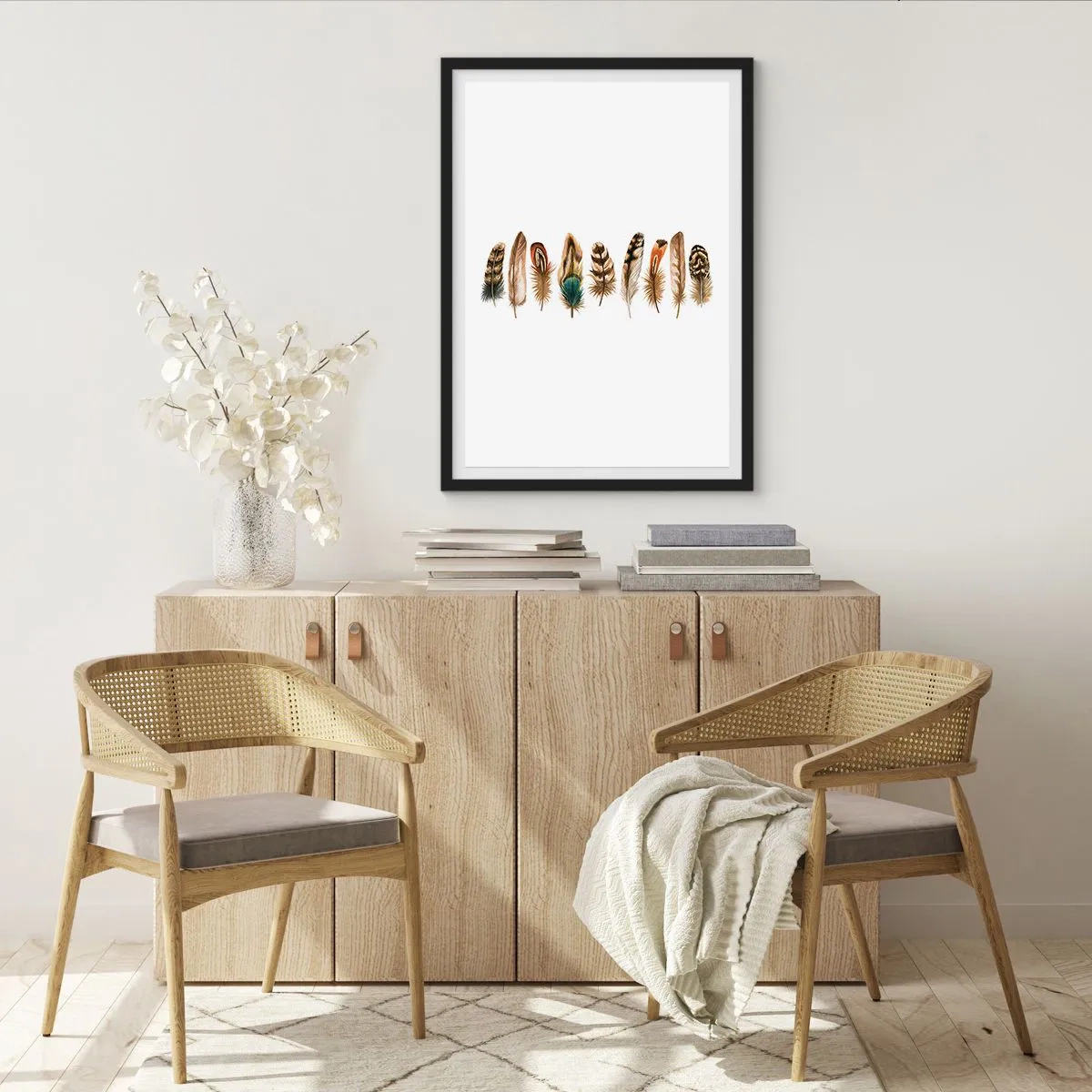Plagát v čiernom ráme - Farebné perie v rade - 50x70cm - Operená variácia - Moderná nástenná dekorácia do obývacej izby a spálne ARTTOR