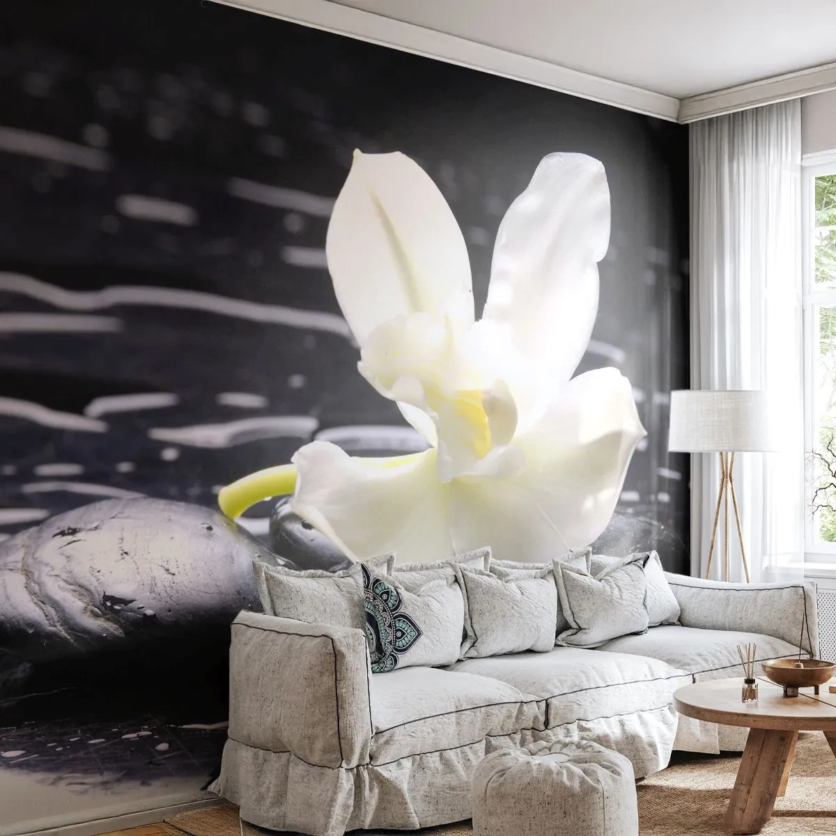 Fototapeta Premium Sand - Štúdia v čiernej a bielej - Kvety, Kamene, Orchidea - 400x280 cm