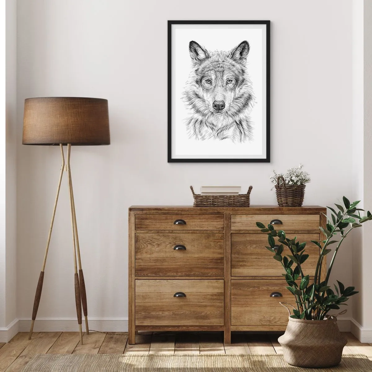 Plagát v čiernom ráme - Detailná kresba vlka v čiernobielom štýle - 50x70cm - Rodený vodca - Moderná nástenná dekorácia do obývacej izby a spálne ARTTOR