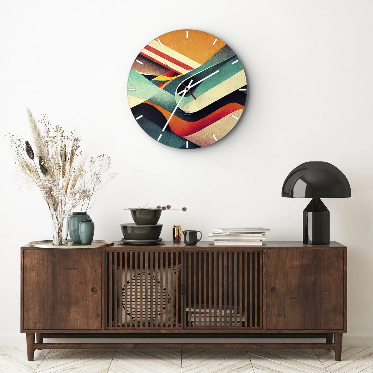 Nástenné hodiny - Farebné vlny a pruhy v abstraktnej geometrickej forme - 30x30cm - Intenzívna kompozícia - Moderná nástenná dekorácia do obývacej izby, kuchyne a spálne ARTTOR