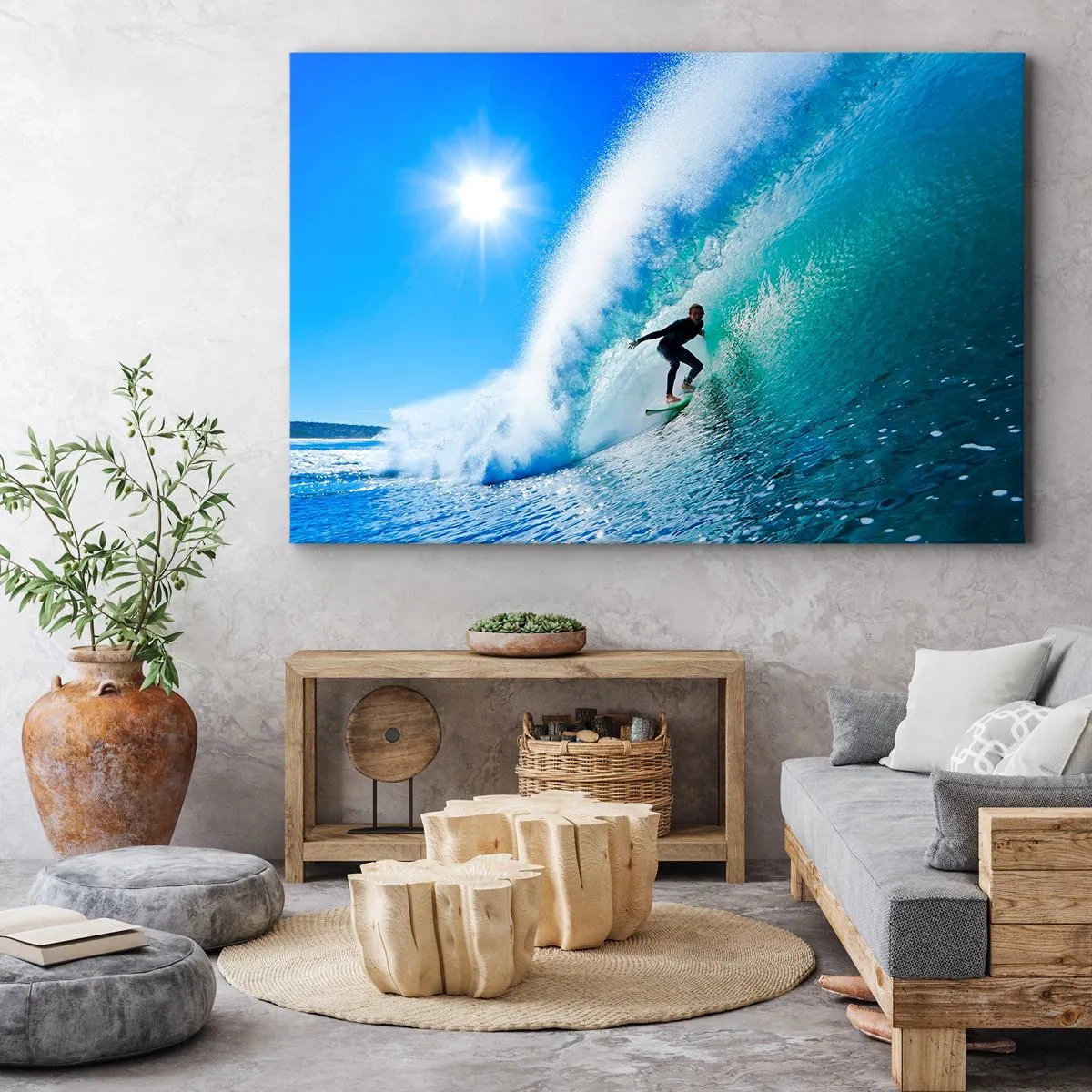 Obraz na plátne - Surfer na doske sa viez v silnej vlne pod modrou oblohou. - 70x50cm - Cez veľký blankyt - Moderná nástenná dekorácia do obývacej izby a spálne ARTTOR