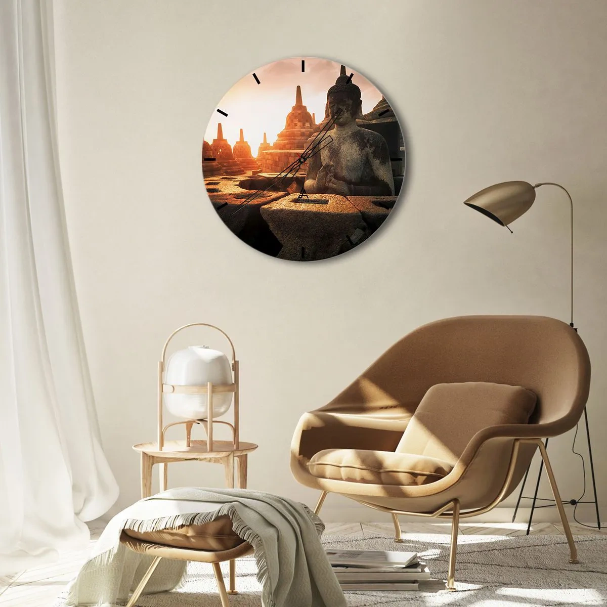 Nástenné hodiny - Západ slnka nad sochami Budhu obklopenými chrámami - 30x30cm - Počasie veľkej múdrosti - Moderná nástenná dekorácia do obývacej izby, kuchyne a spálne ARTTOR