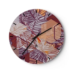 Nástenné hodiny - Abstraktné listy v odtieňoch fialovej, oranžovej a béžovej - 30x30cm - Nemožný vzťah medzi geometriou a prírodou - Moderná nástenná dekorácia do obývacej izby, kuchyne a spálne ARTTOR