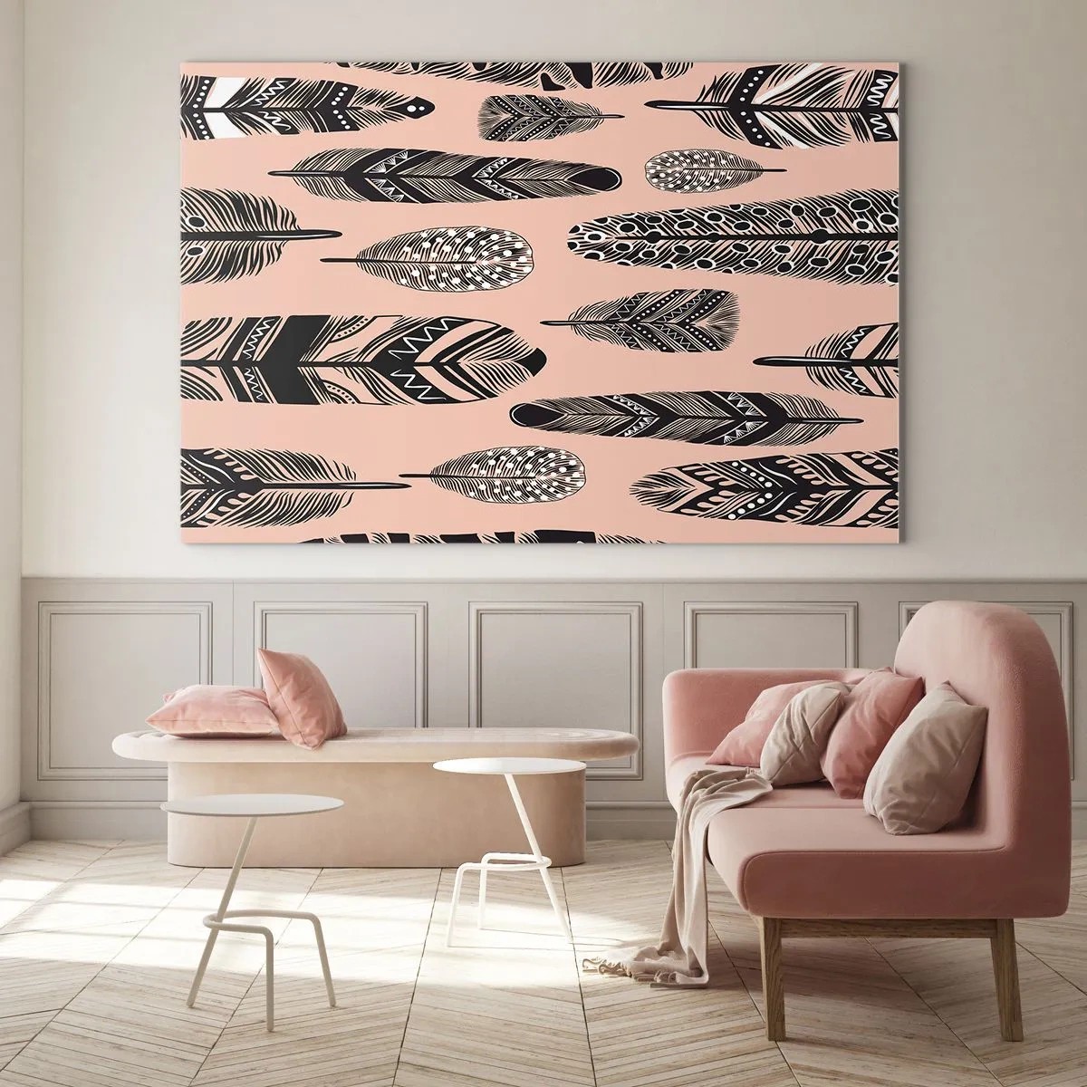 Obraz na skle - Dekoratívne pierka s čiernobielymi vzormi na ružovom pozadí - 70x50cm - Indiánska kolekcia - Moderná nástenná dekorácia do obývacej izby a spálne ARTTOR