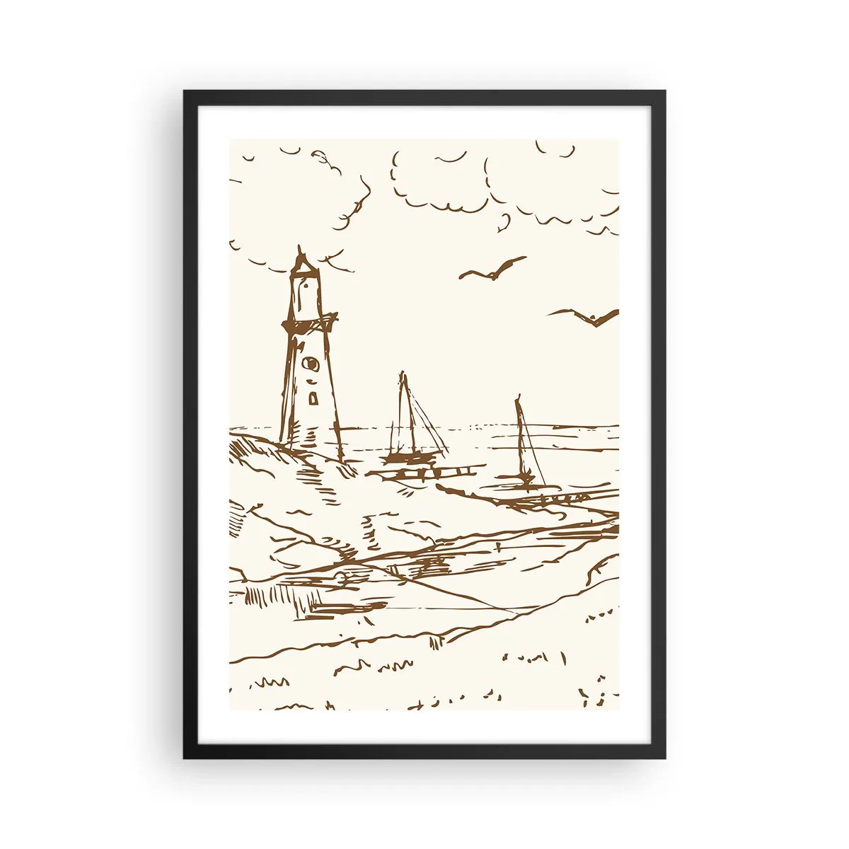 Plagát v čiernom ráme - Maják s loďkami a vtákmi - 50x70cm - Náčrt letných spomienok - Moderná nástenná dekorácia do obývacej izby a spálne ARTTOR