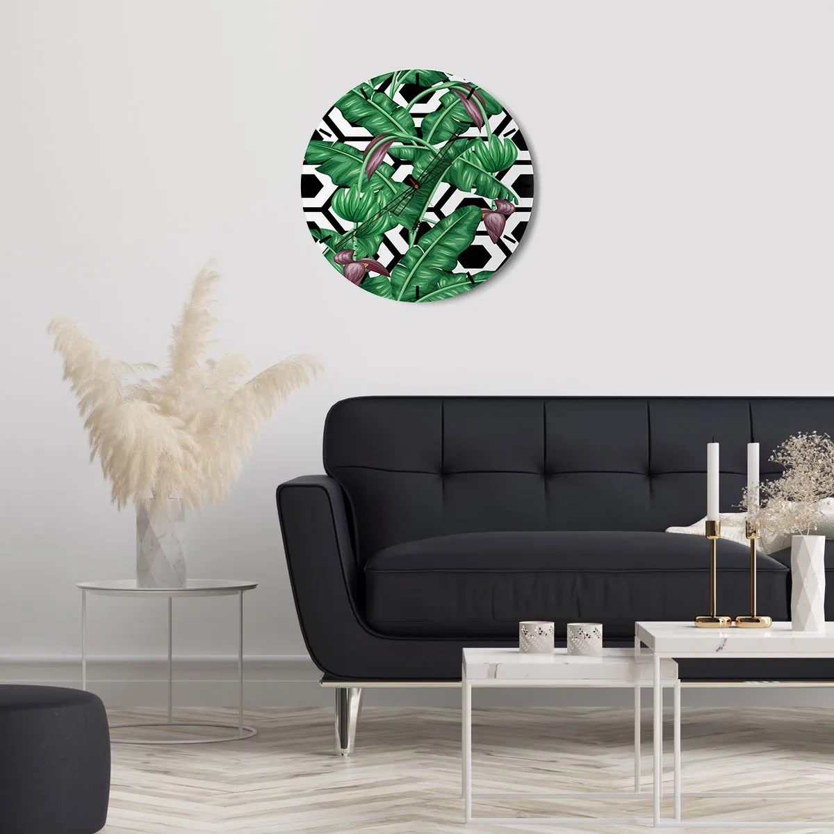Nástenné hodiny - Tropické banánové listy na geometrickom pozadí - 30x30cm - Symetrická kompozícia od prírody - Moderná nástenná dekorácia do obývacej izby, kuchyne a spálne ARTTOR