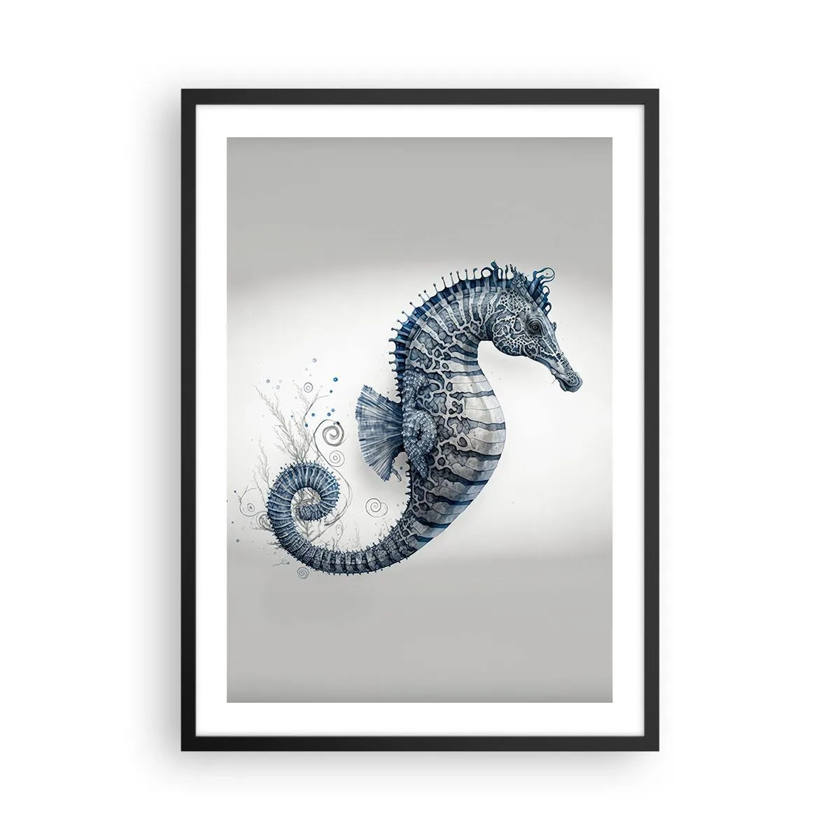 Plagát v čiernom ráme - Detailná ilustrácia morského koníka na svetlom pozadí - 50x70cm - Jemný vtip prírody - Moderná nástenná dekorácia do obývacej izby a spálne ARTTOR