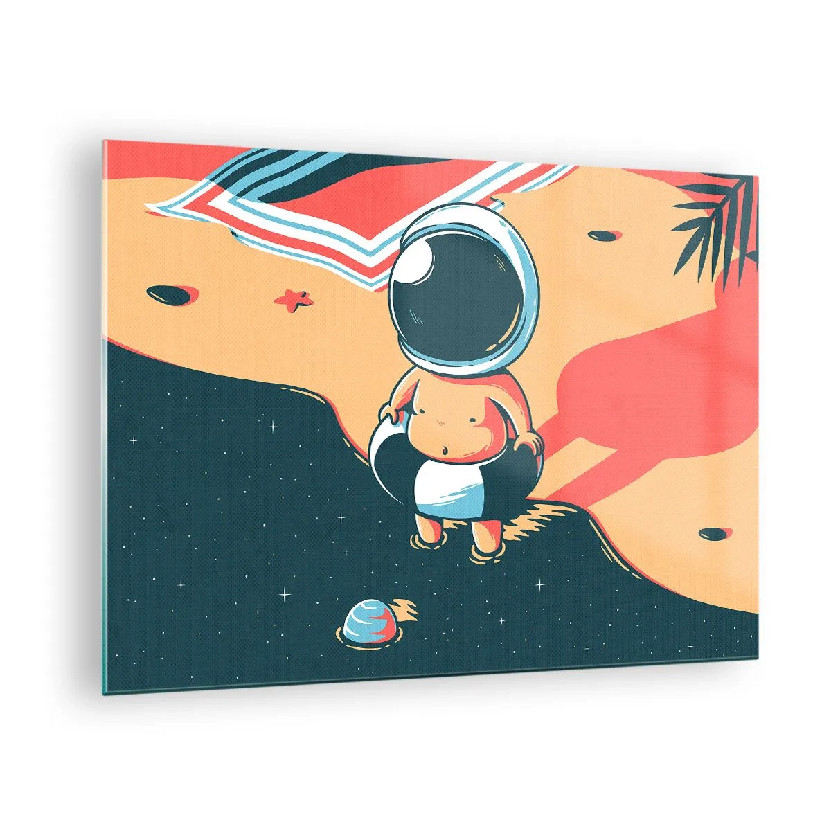 Obraz na skle - Postava astronauta na pláži s kozmickou krajinou - 70x50cm - Z iného pohľadu - Moderná nástenná dekorácia do obývacej izby a spálne ARTTOR