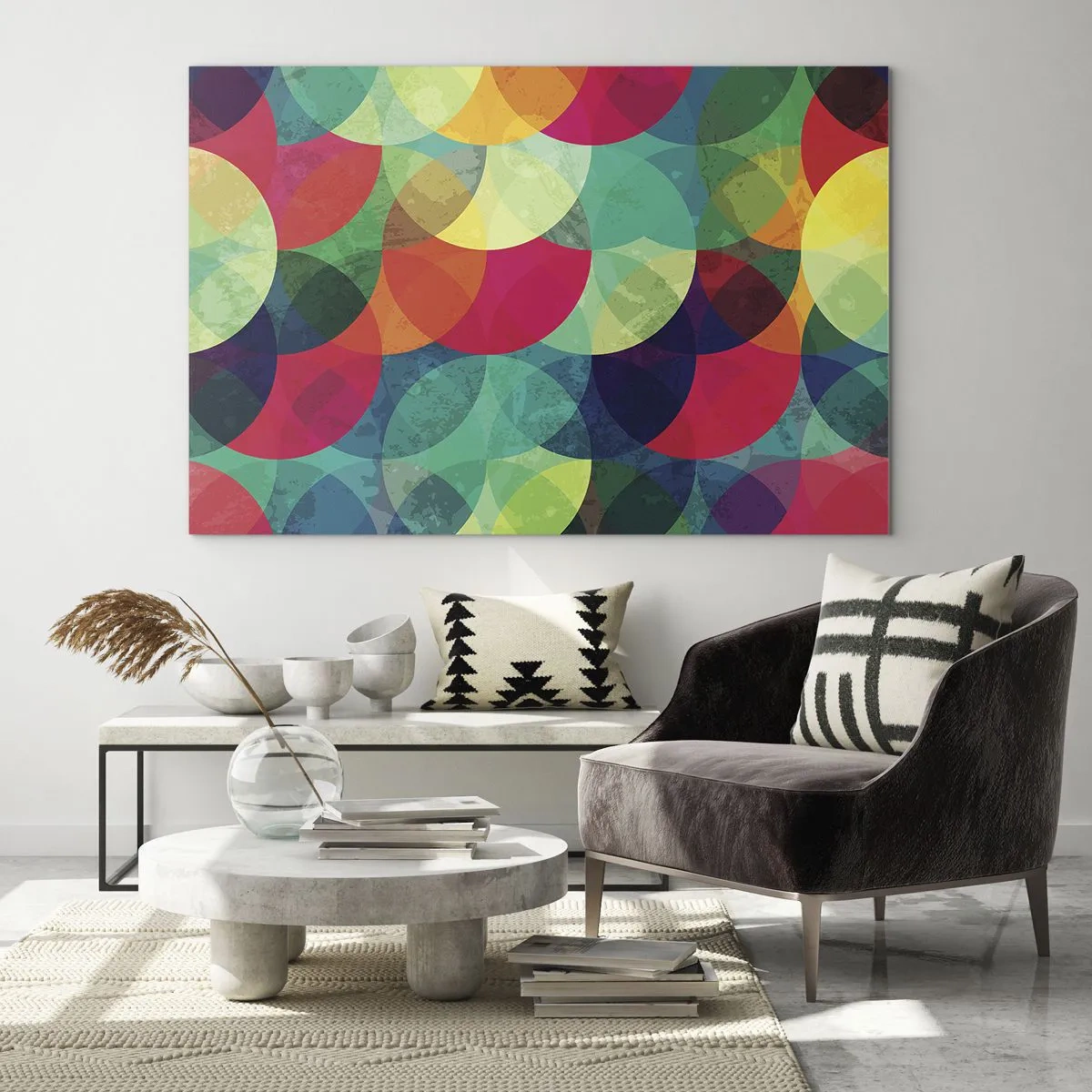 Obraz na skle - Farebné, prekrývajúce sa polkruhy v intenzívnej farebnej palete - 70x50cm - Vstúpiť do dúhy - Moderná nástenná dekorácia do obývacej izby a spálne ARTTOR