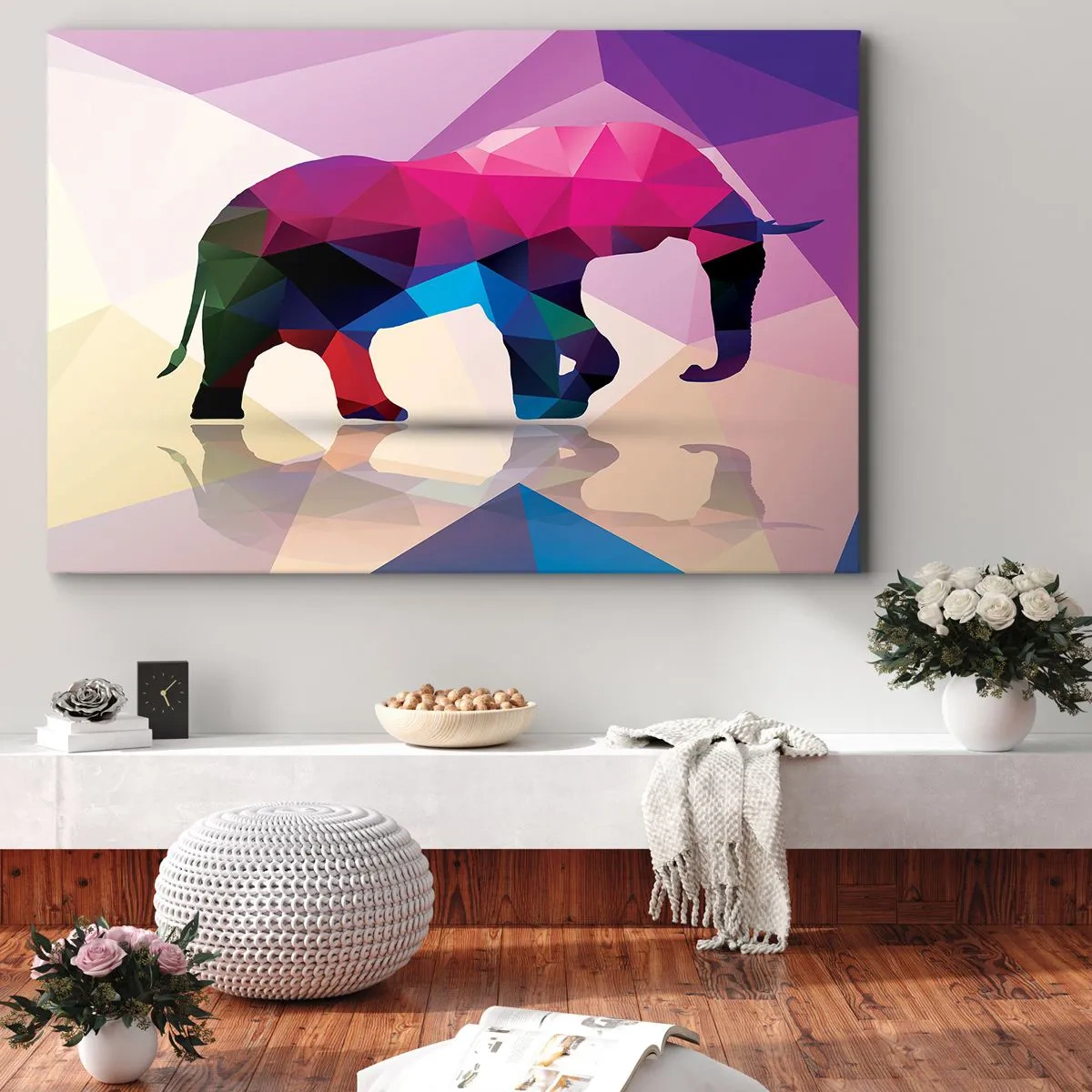 Obraz na plátne - Geometrická silueta slona v živých farbách - 70x50cm - Krištáľový dinosaurus - Moderná nástenná dekorácia do obývacej izby a spálne ARTTOR