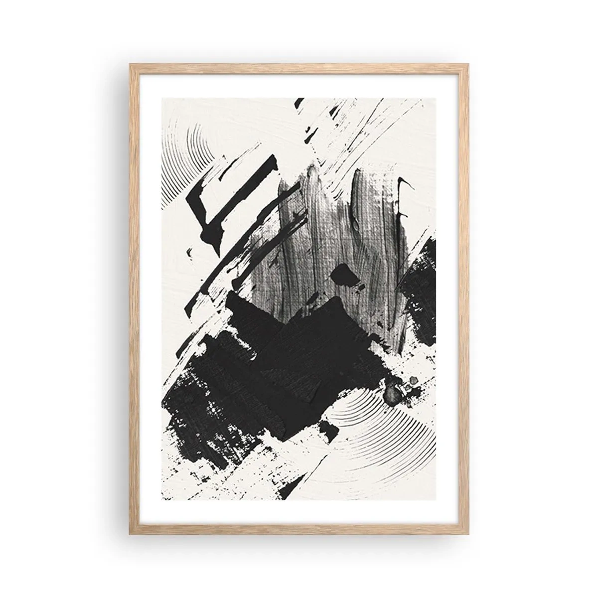 Plagát v ráme zo svetlého duba - Abstrakcia – expresia čiernej - 50x70 cm