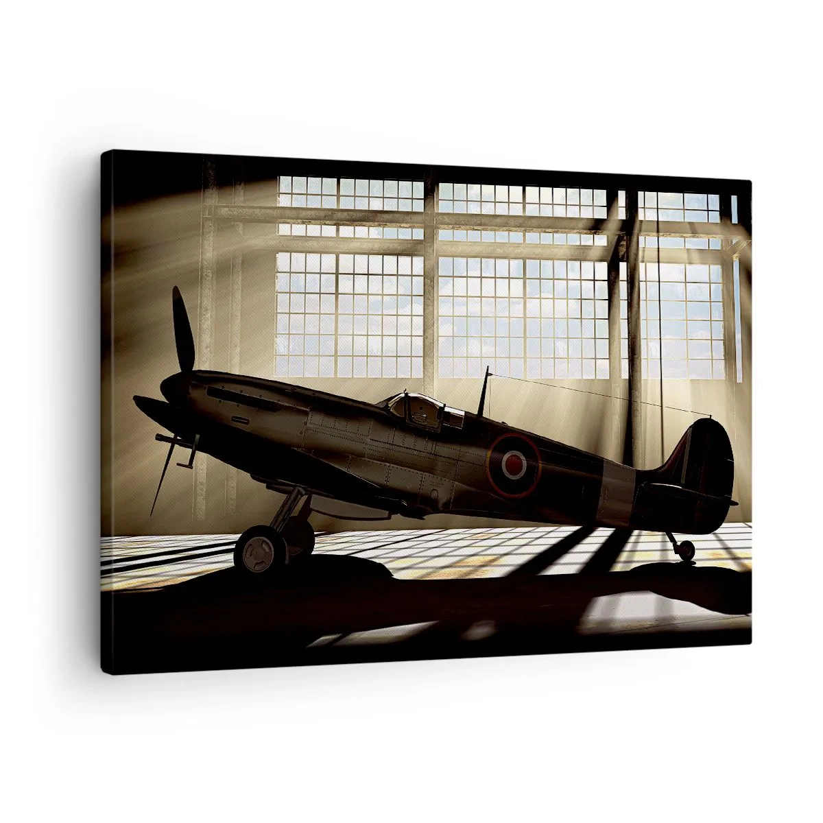 Obraz na plátne - Historické lietadlo v hangári osvetlenom slnečným svetlom - 70x50cm - Odpočinok bojovníka - Moderná nástenná dekorácia do obývacej izby a spálne ARTTOR