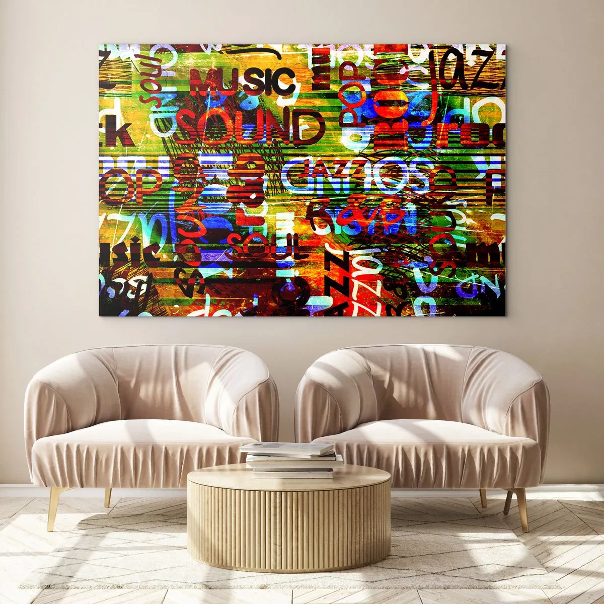 Obraz na skle - Farebné nápisy na umeleckom mozaikovom pozadí - 70x50cm - Všetky farby tónu - Moderná nástenná dekorácia do obývacej izby a spálne ARTTOR