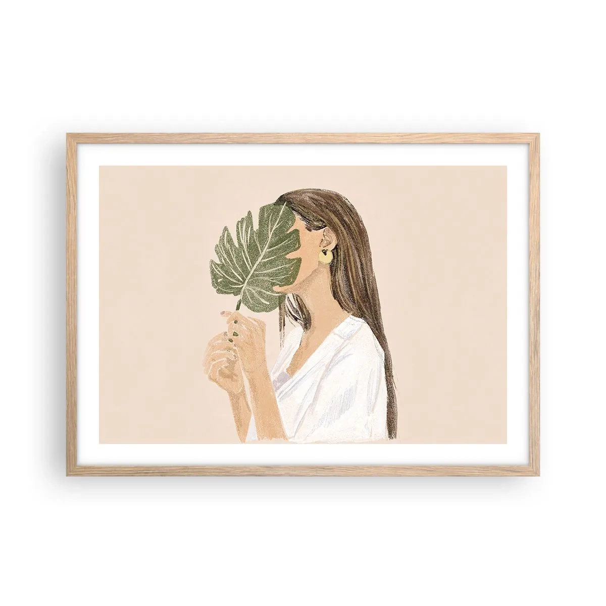 Plagát v ráme zo svetlého duba - Tajomný portrét s vejárom - 70x50 cm