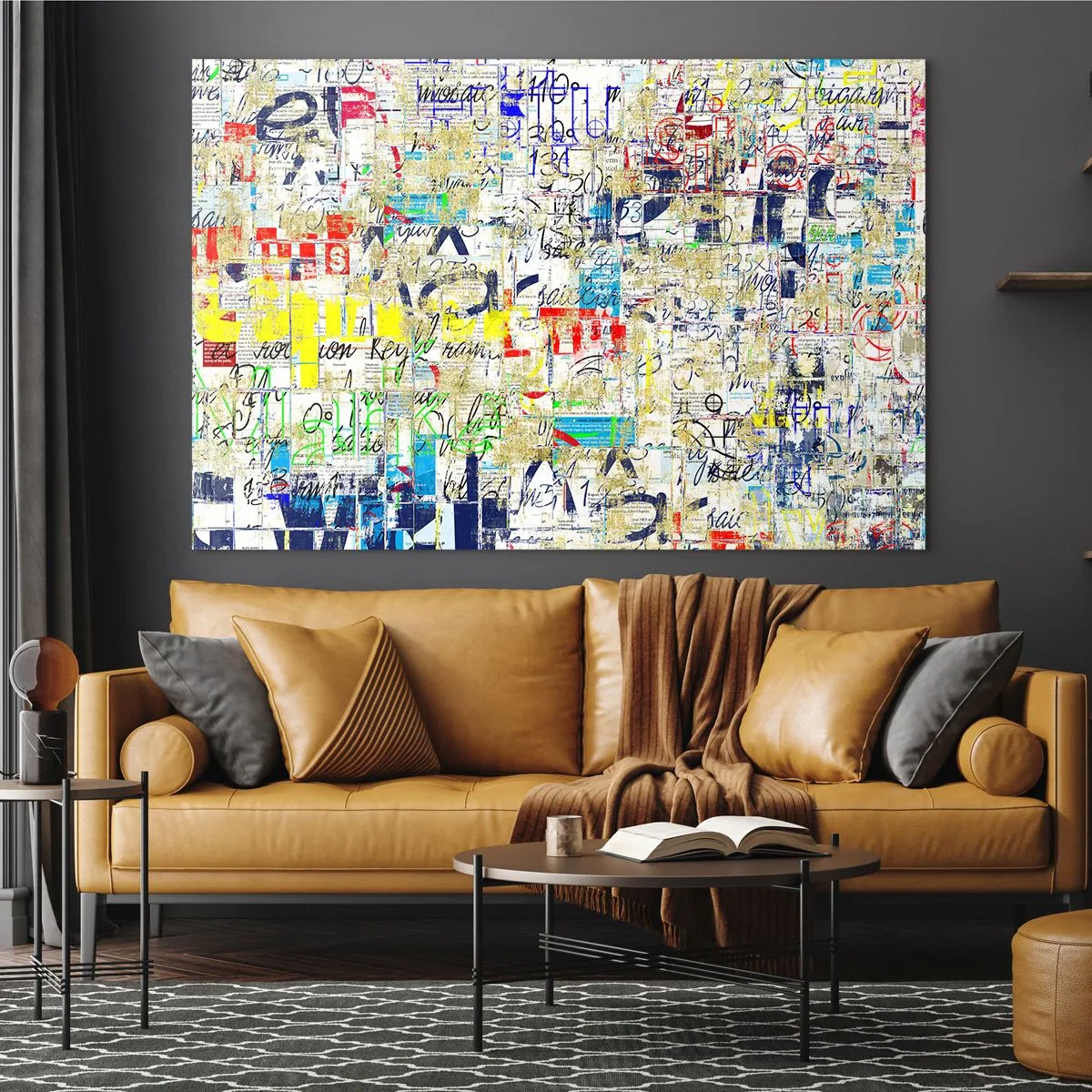 Obraz na skle - Abstraktná kompozícia so zmesou farieb a nápisov. - 70x50cm - Proste poteší oči - Moderná nástenná dekorácia do obývacej izby a spálne ARTTOR