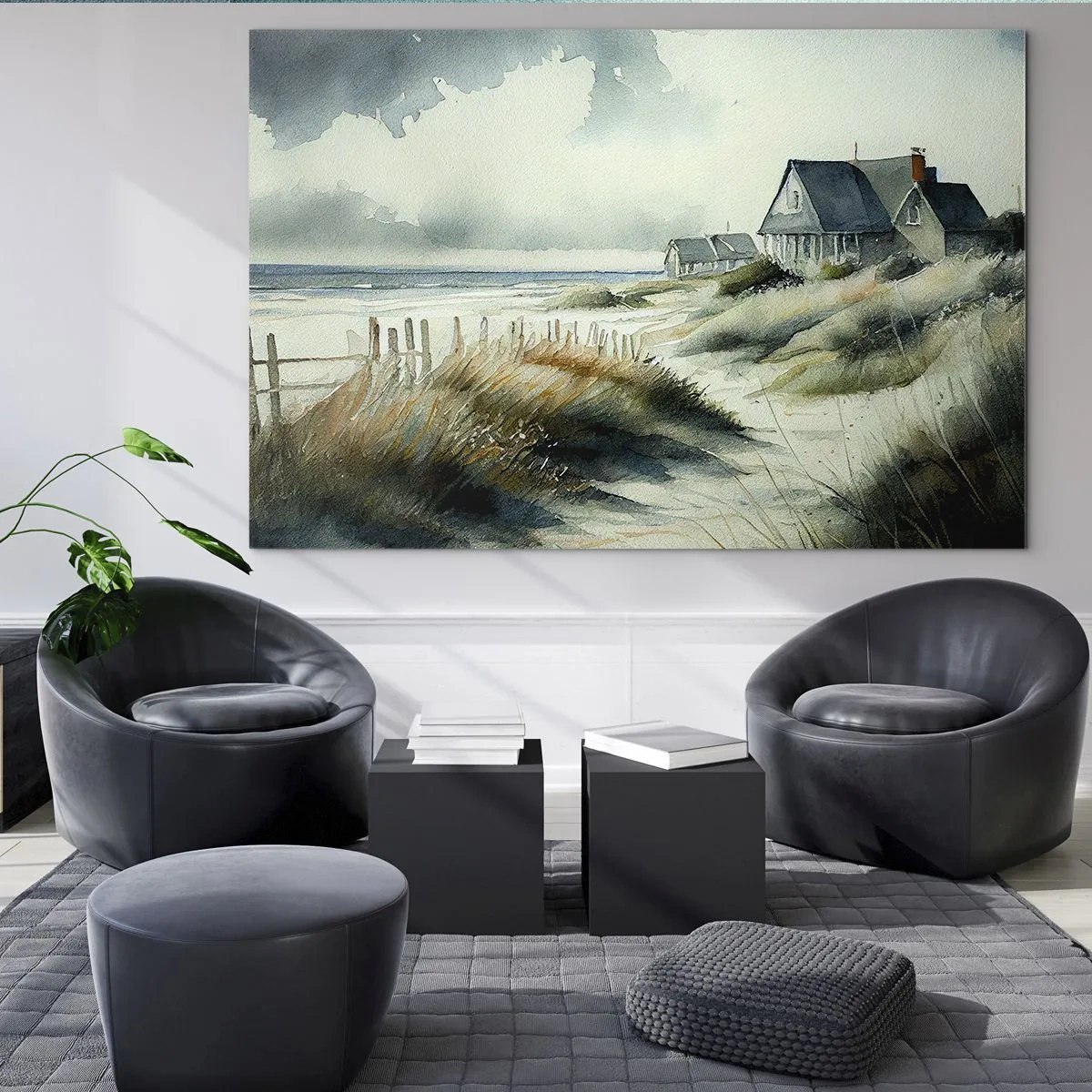 Obraz na skle - Domy na plážových dunách pod zamračenou oblohou - 70x50cm - Ďaleko od zhonu - Moderná nástenná dekorácia do obývacej izby a spálne ARTTOR