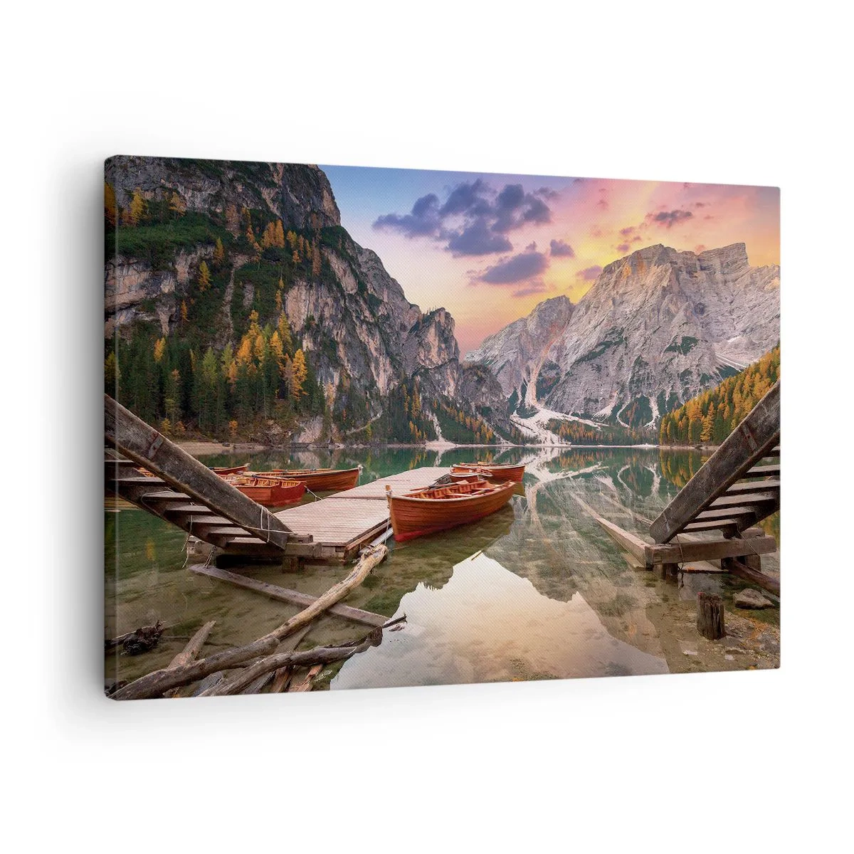 Obraz na plátne - Horské jazero s loďkami pri západe slnka - 70x50cm - Sľub dňa - Moderná nástenná dekorácia do obývacej izby a spálne ARTTOR