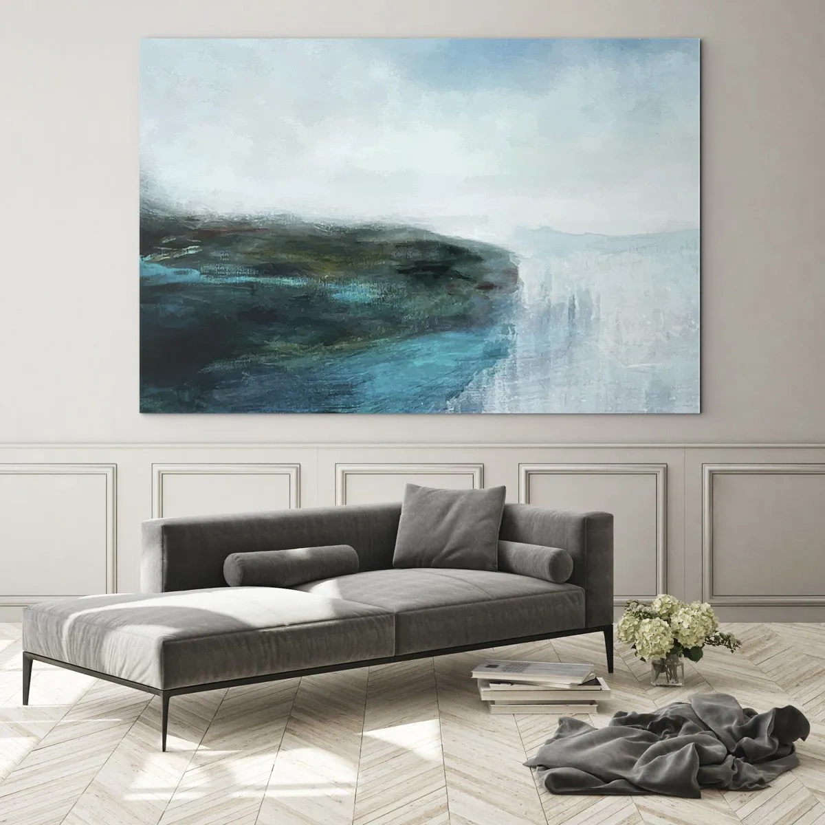 Obraz na skle - Abstraktná vodná krajina s dominantnými modrými a bielymi farbami - 70x50cm - Námorná abstrakcia - Moderná nástenná dekorácia do obývacej izby a spálne ARTTOR