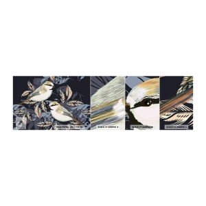 Vzorka samolepiacej fototapety Deluxe Sticker - Žltomodrá pieseň - Abstrakcia, Vtáky, Listy - 100x30 cm